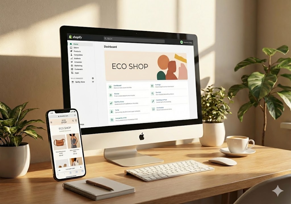 Loja online Eco Shop num desktop e iPhone numa mesa